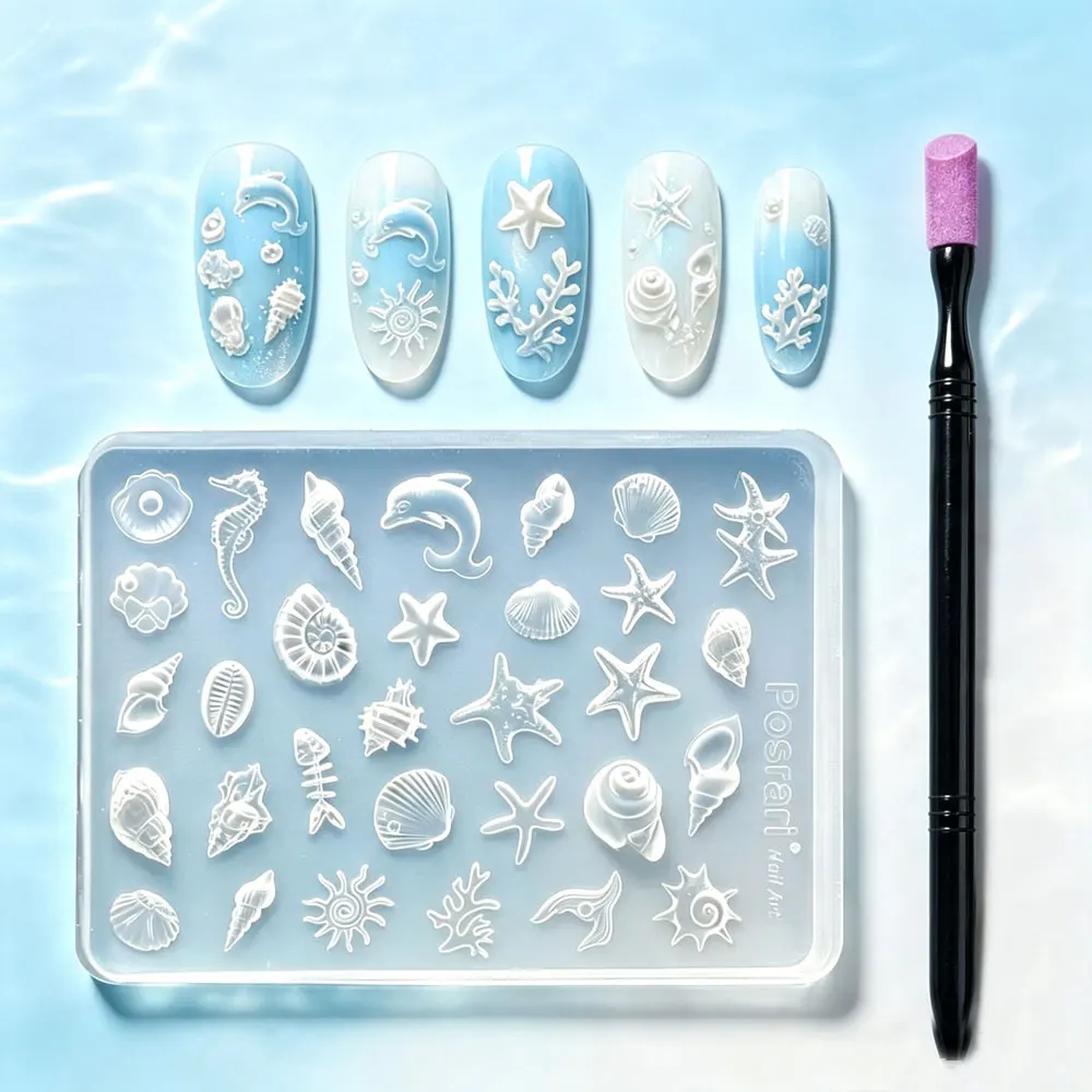 2Pcs/set Ocean Marine Life Shell Conch Silicone Nail Mold Dual Ended Quartz Pen Nail File Manicure Nail Art DIY Decoration Tools
