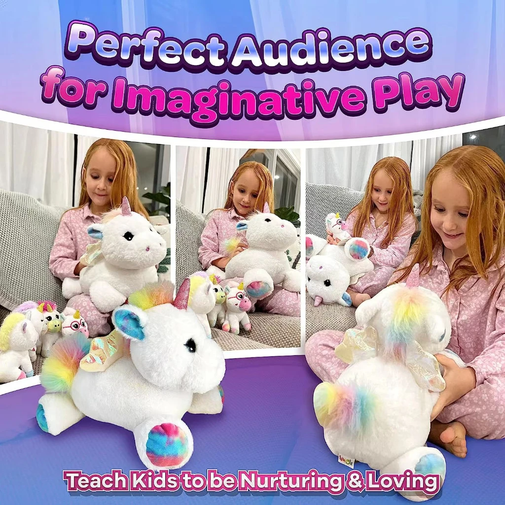 Set of 5 Unicorn Plush Toys, Rainbow Unicorn Mother and Baby Set, Soft and Delicate, PP Filled