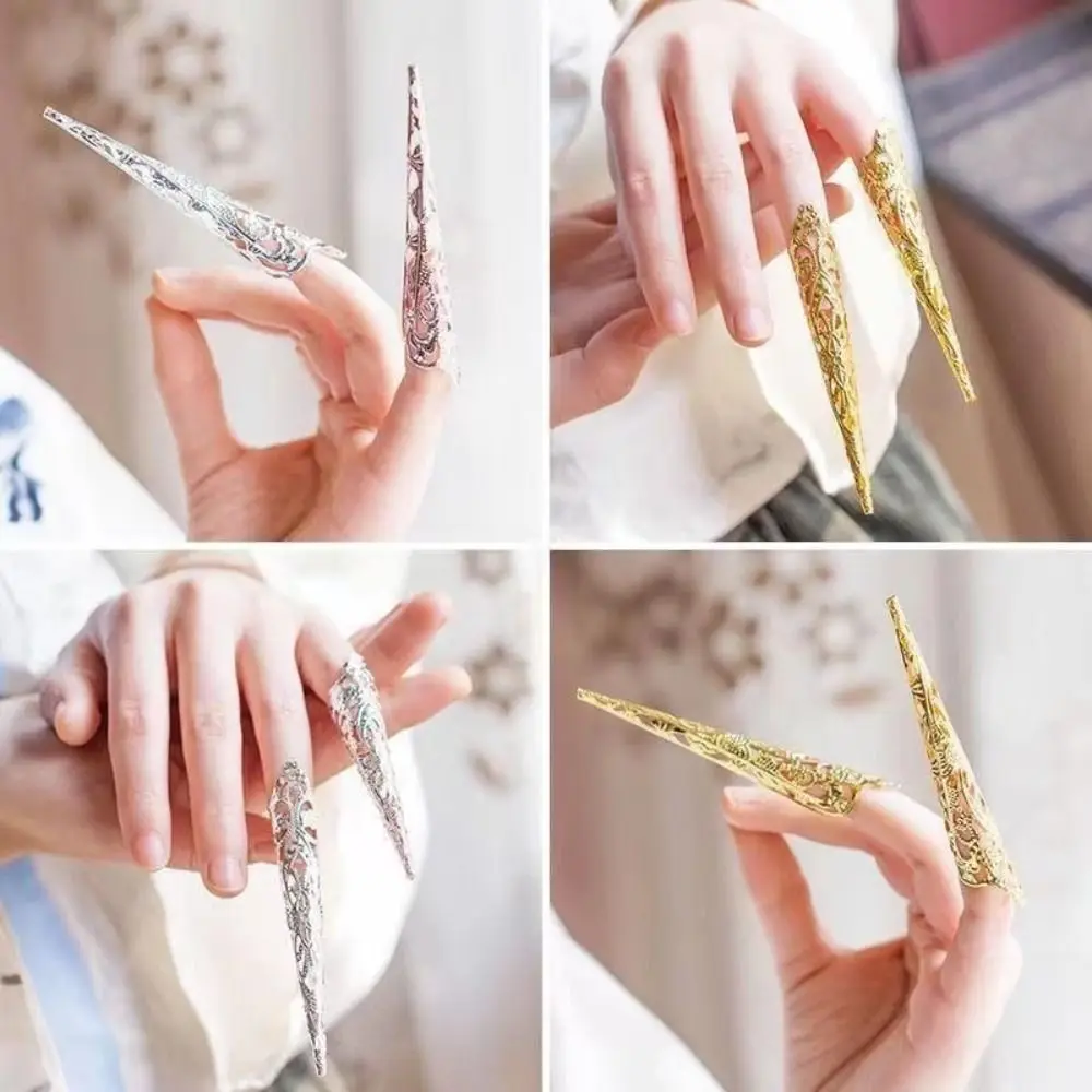 10PCS Adjustable Opening Claw Ring Hollow Design Antique Style Fingertip Nail Ring Long Nails Punk Style Finger Ring