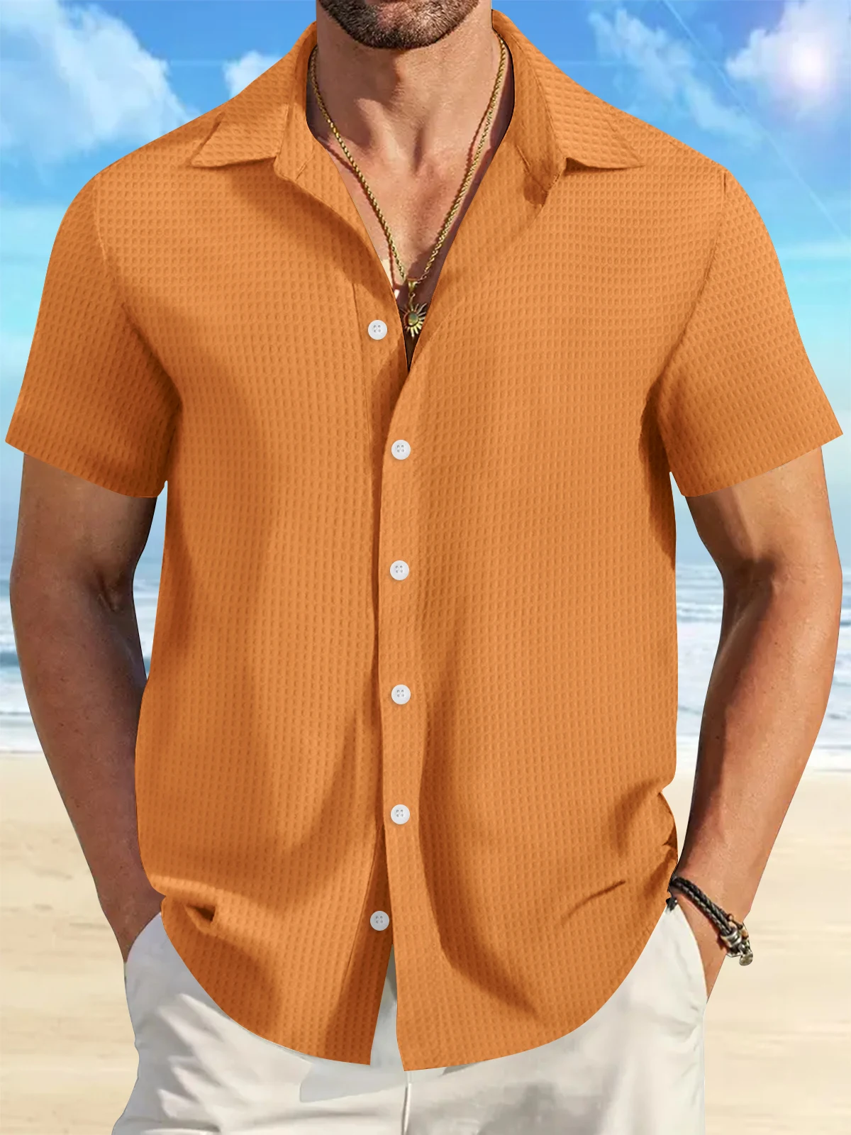 2024 New men\'s solid color casual commuting short sleeved shirt Men\'s beach jacquard plaid short-sleeved shirt