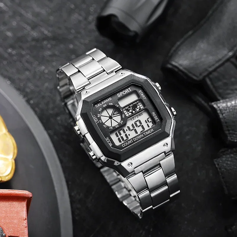 

Квадратные цифровые часы унисекс со стальной полосой, спортивные электронные часы из сплава для мужчин и женщин, студентов, повседневные водонепроницаемые наручные часы 10 м