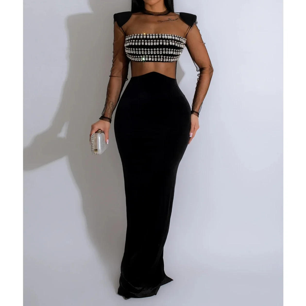 Women's Dress Rhinestones Long Sleeve Mesh Elegant Party Dresses Luxury Ready Birthday Welcome Formal Prom Evening Dress HXY061