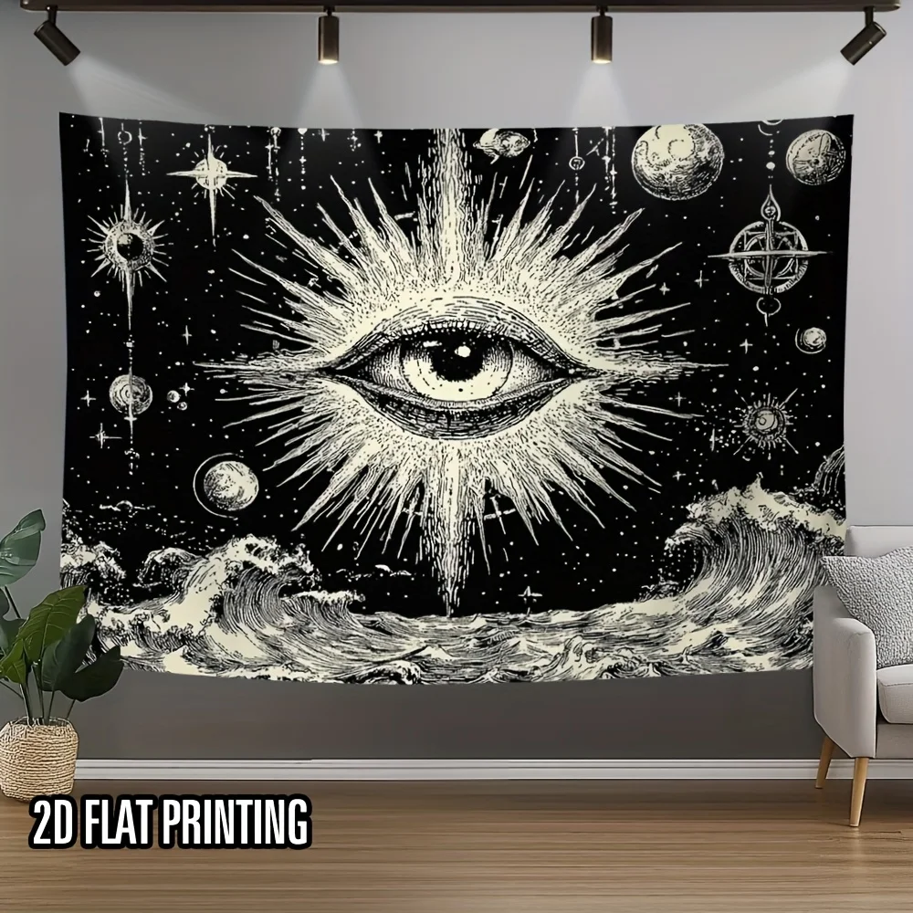 Mystic Eye Landscape Tapestry, Cosmic Starry Sea Wave Planet Art Wall Cloth, Spooky Aesthetic Backdrop For Home Bedroom