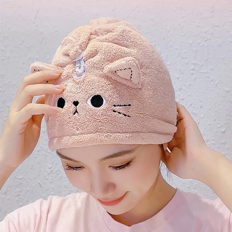 Cute Cartoon Cat Design Quickly Dry Hair Wrapped Towels Dry Hair Hat Portable Coral Fleece Shower Cap Bath Accessories