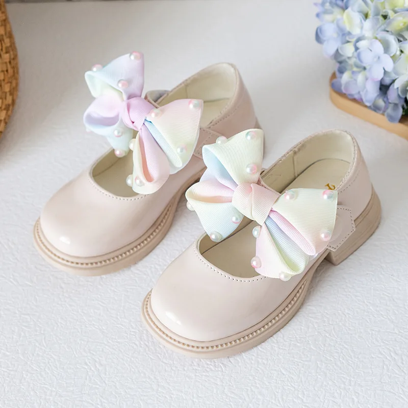 Children Shoes 2023 Spring New Colored Pearl Bowknot Princess Shoes for Kids Girls Fashion Cute JK Baby Girl Shoes Mary Janes