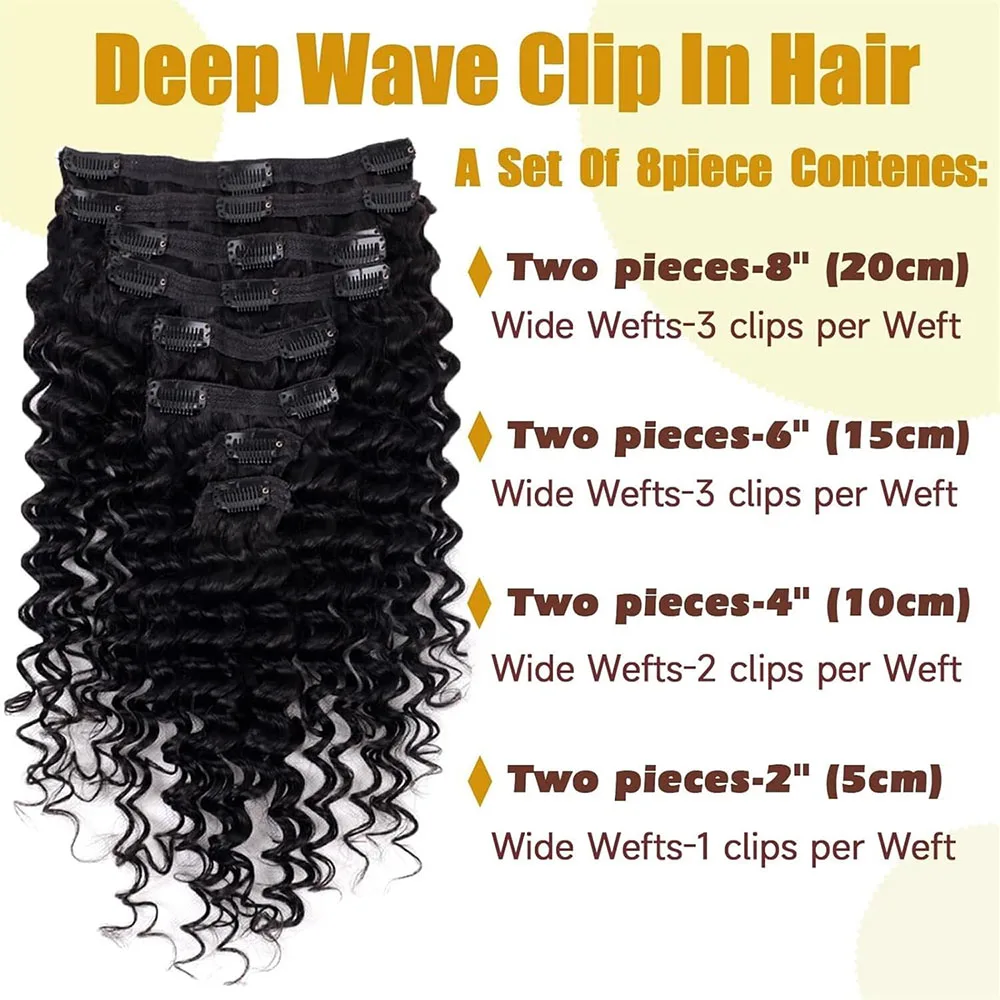 Extensions Wig 8pcs Deep Wave Clip-In Human Hair Extensions 8-26 Inch 100% Brazilian Human Hair #1BNatural Black For Black Women