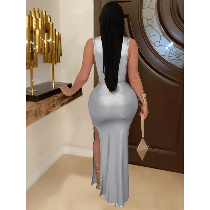 Silky Sexy Dress Women Sleeveless Waistless Metal Button Ribbon Ruched Side Split Party Midnight Club Wedding Bodycon