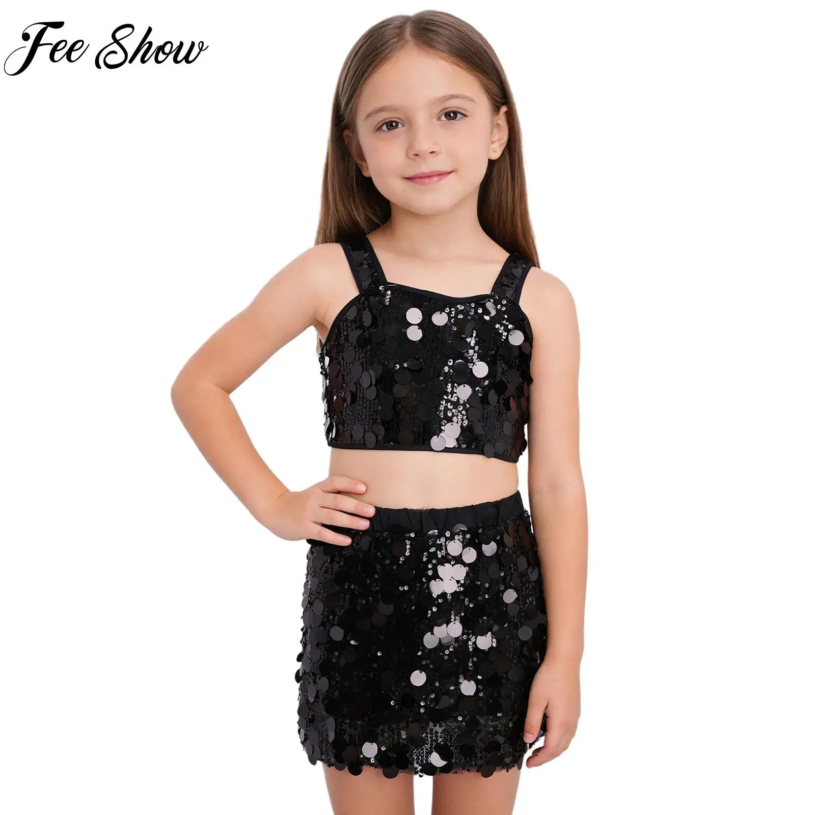 

Kids Girls Metallic Shiny Sequined Jazz Performance Costume Sleeveless Straps Zipper Back Crop Top with Elastic Waistband Skirts