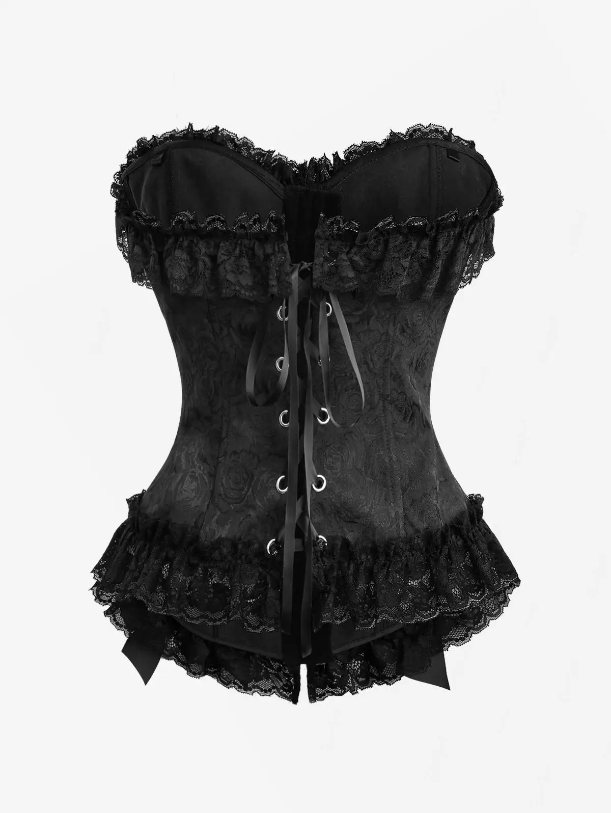 Korset Seksi Wanita Ukuran Besar Motif Bunga Jacquard Tali Grommet Pita Hias Lipit Full Cup Bustiers Hitam