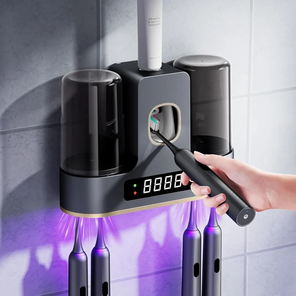 

Toothbrush Holders for Bathrooms with Air-Drying, Toothbrush Sanitizer Holder with Smart Countdown LED Screen, 2 Cups Electric