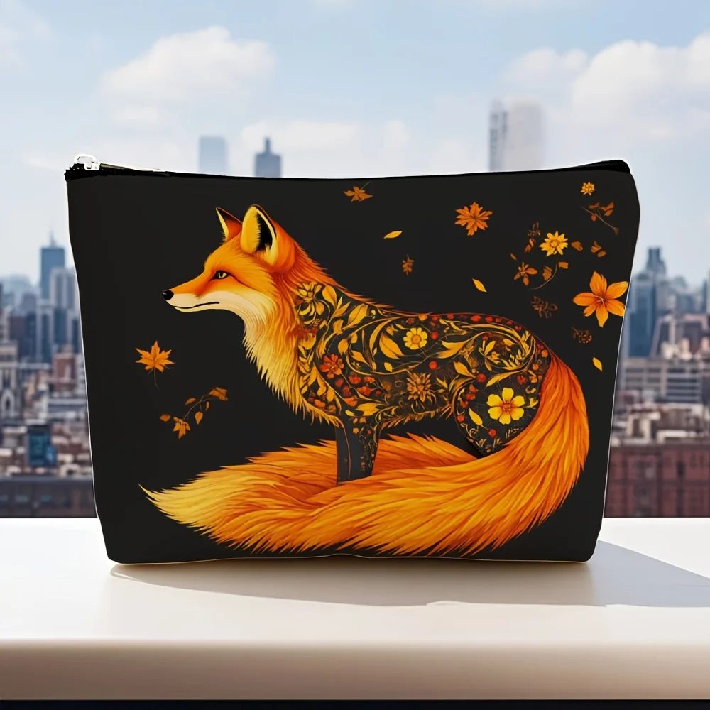 กระเป๋าแต่งหน้าลายสุนัขจิ้งจอกและลายดอกไม้-กระเป๋าซิปอเนกประสงค์, กระเป๋าเก็บเครื่องประดับ, กระเป๋าซิปขนาดเล็กสำหรับเดินทางที่สมบูรณ์แบบ