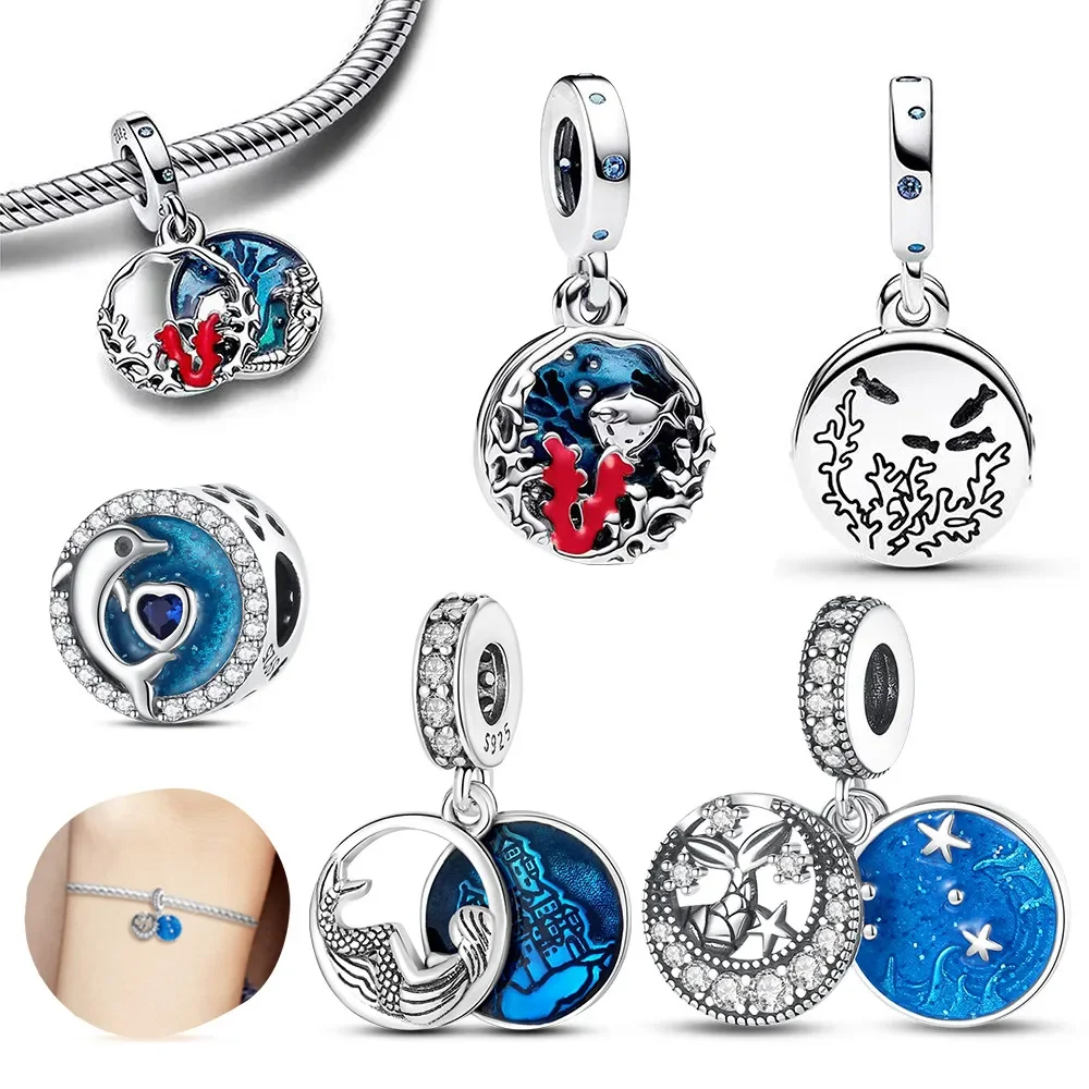 Silver 925 Sea Animal Sea Turtle Sea Fish Blue Charms Beads Fits Pandora Bracelet for Women DIY Fine Jewelry