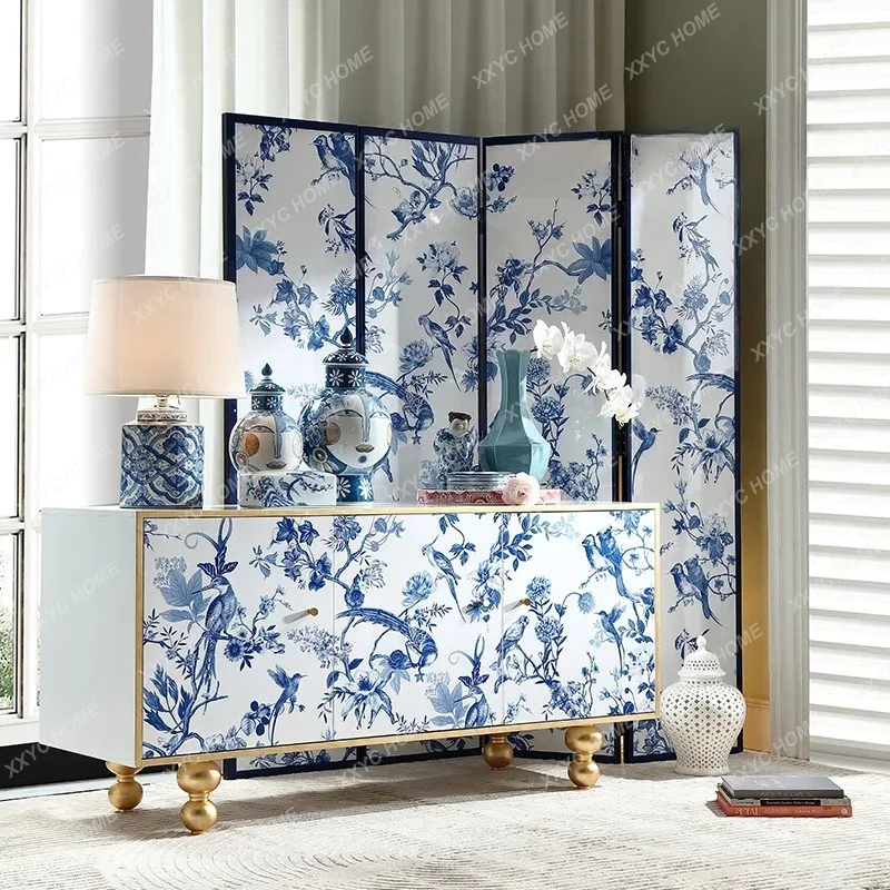 X Chinese Blue And White Porcelain Screen Decoration Home  Solid Wood Storage Medieval Cabinet