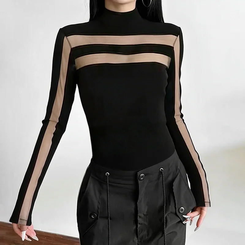 

Female Fashion Sexy Mesh High Neck Black T-Shirts 2026 Summer Spring Long Sleeves Solid Color Skinny Pullovers Tops For Women