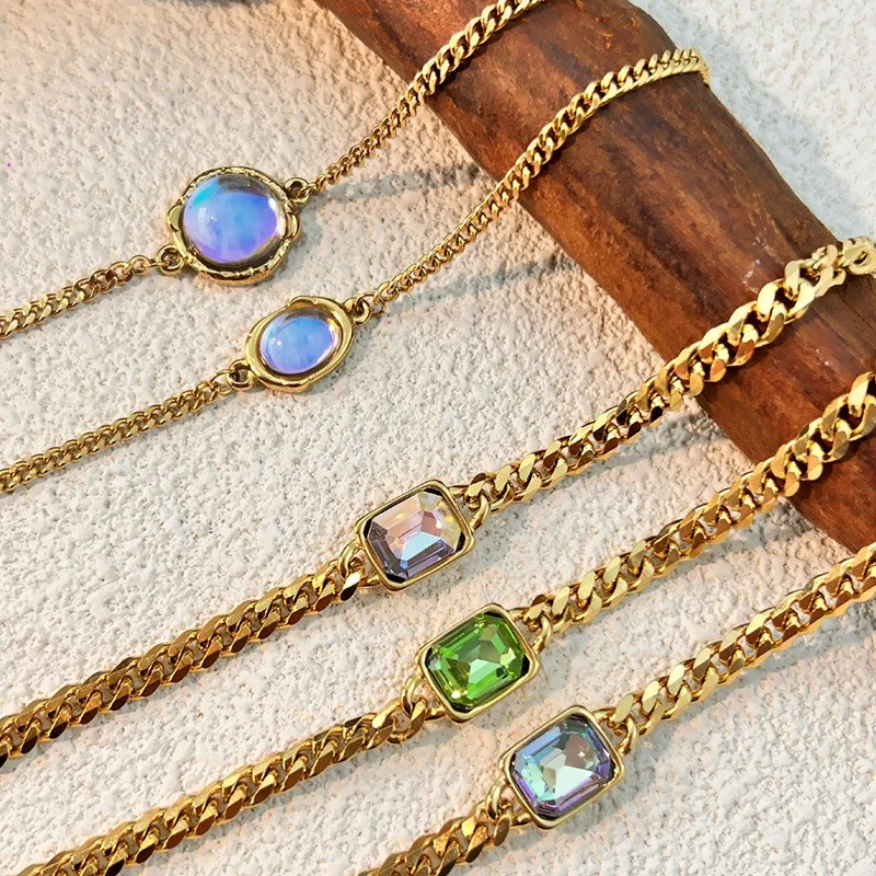 18k Gold Plated Stainless Steel Color Oval Square Inlay Zircon Bracelet For Women Classic Thick Wrist Chain Jewelry Glamorous