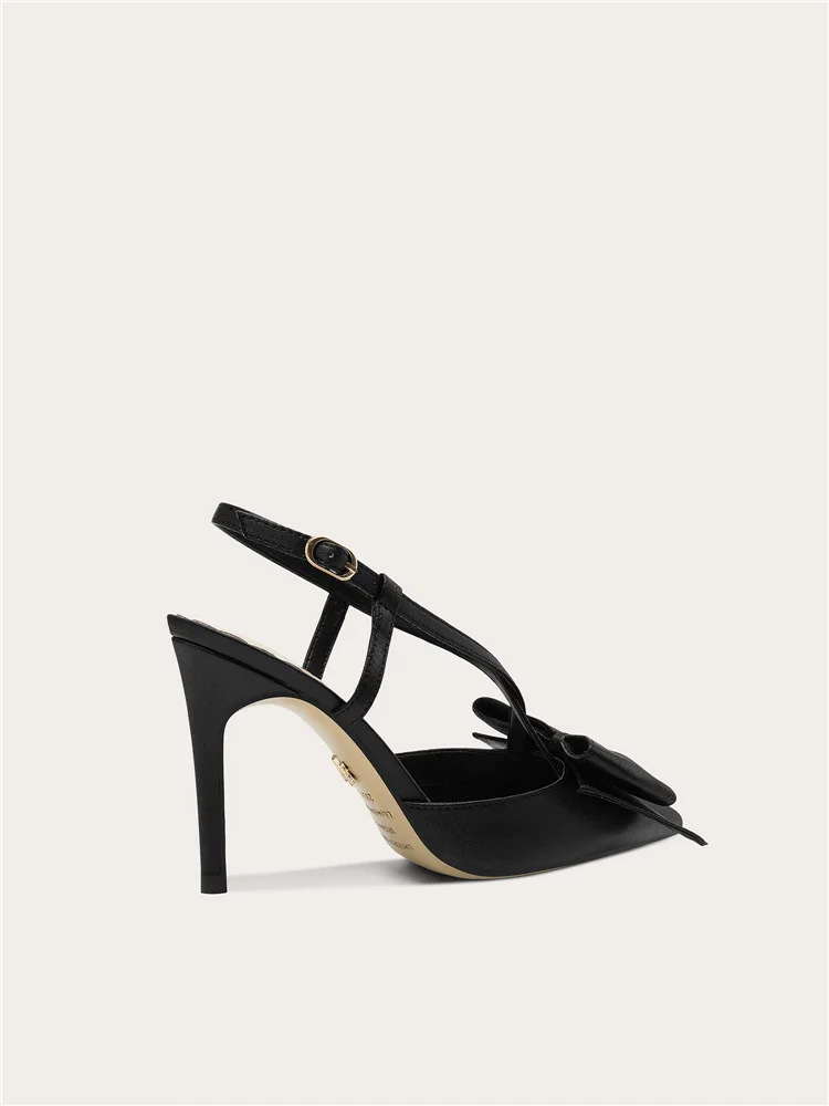 Summer new pointed satin bow cross strap widened flat sandals for banquets, big size small size slim high-heeled women's shoes
