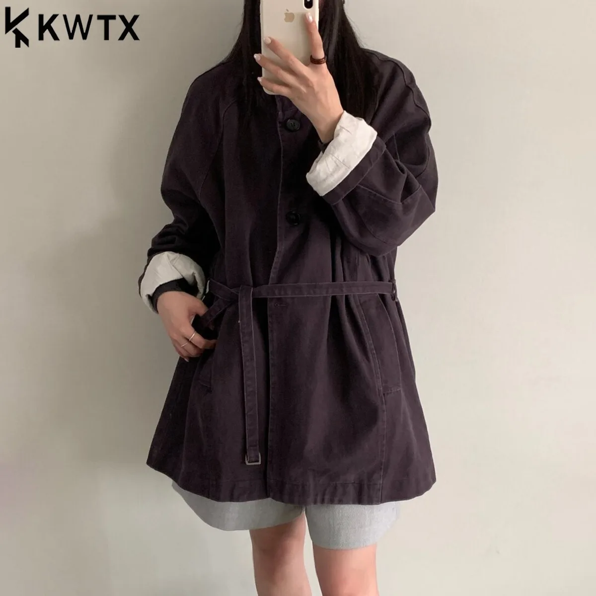 

KWTX Women’s Solid Color Trench Coat Stand Collar Belted Single Breasted Pockets Casual Premium Quality 2025 New Winter Autumn