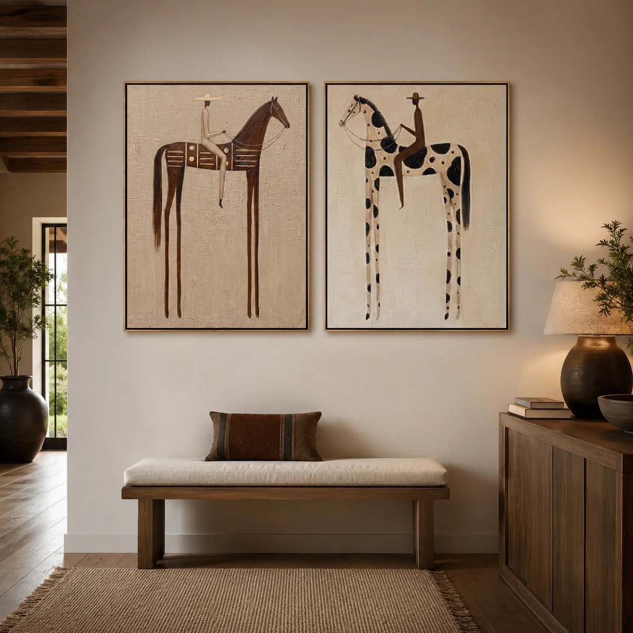 Blanket & Spot Diptych – Vintage Americana Two Ledger-Art Riders Two-Panel Painting | Wabi-Sabi Living Room Art - view 6