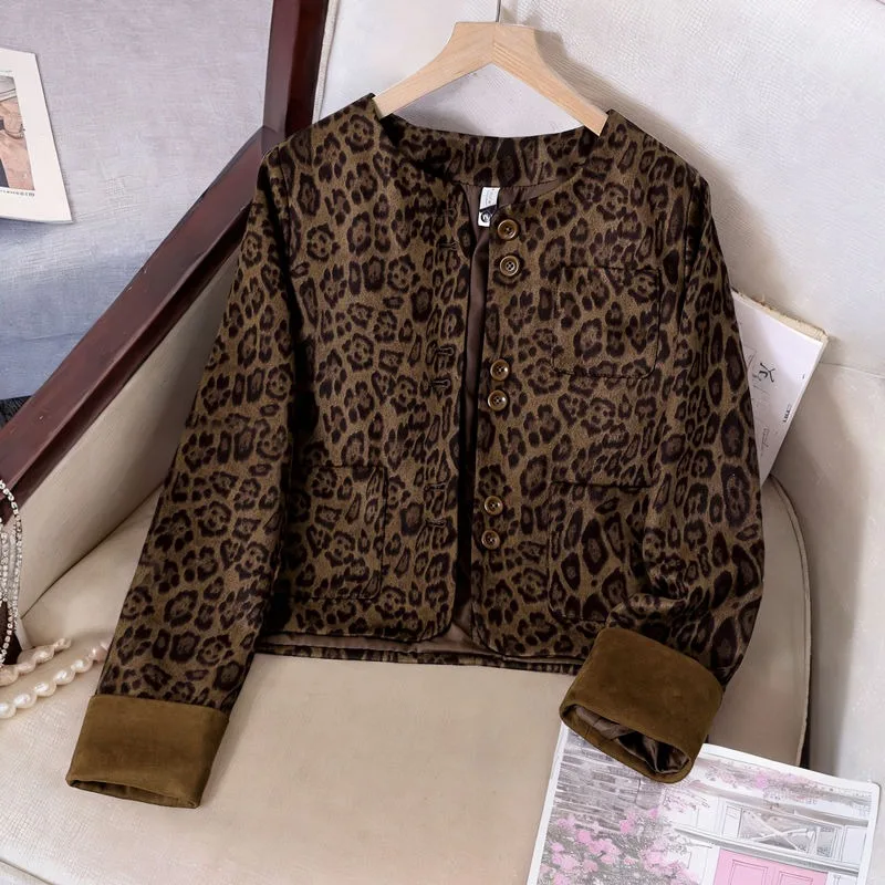 Women's Leopard Print Short Patchwork Color Blocking Coat Spring Autumn New High-end Top Jacket Coat Women Jacket Winter