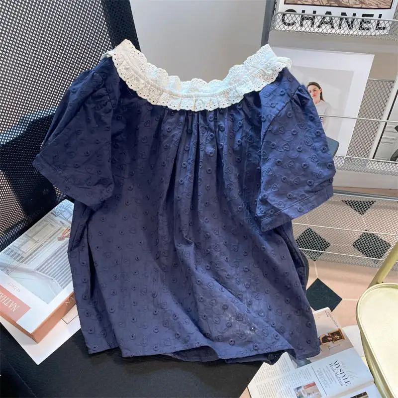 Chemisier à lacets en dentelle à manches bulles bleu marine pour étudiante, petit haut polyvalent de style coréen doux et doux