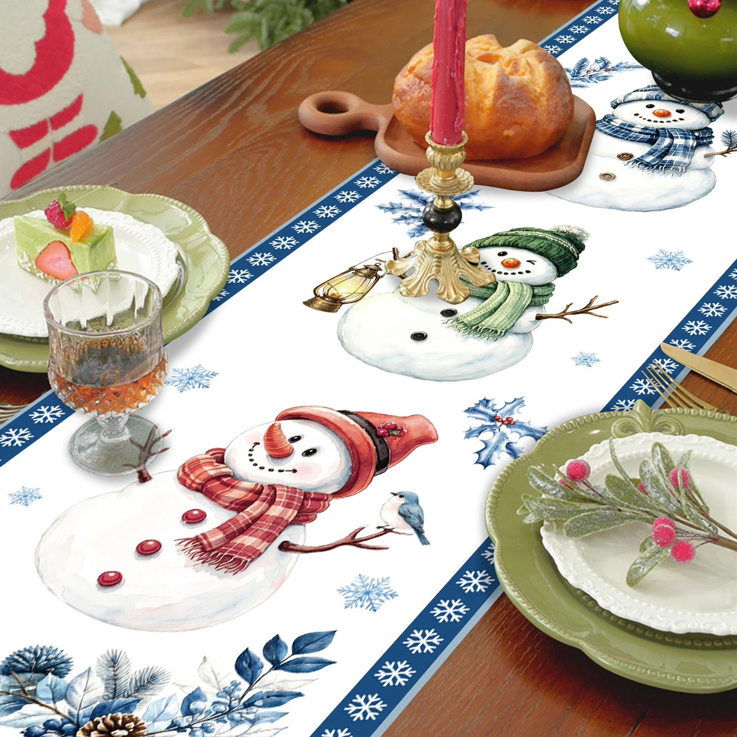 Christmas Table Runner Snowman Snowflake Pine Pattern Winter Xmas Dining Kitchen Table Decor Holiday Home Decorations