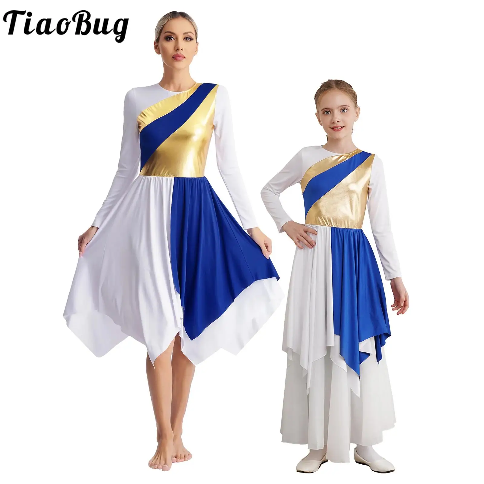 Women Praise Lyrical Dance Dress  Asymmetric Metallic Color Block Long Sleeve Church Choir Worship Tunic Dancewear Praisewear