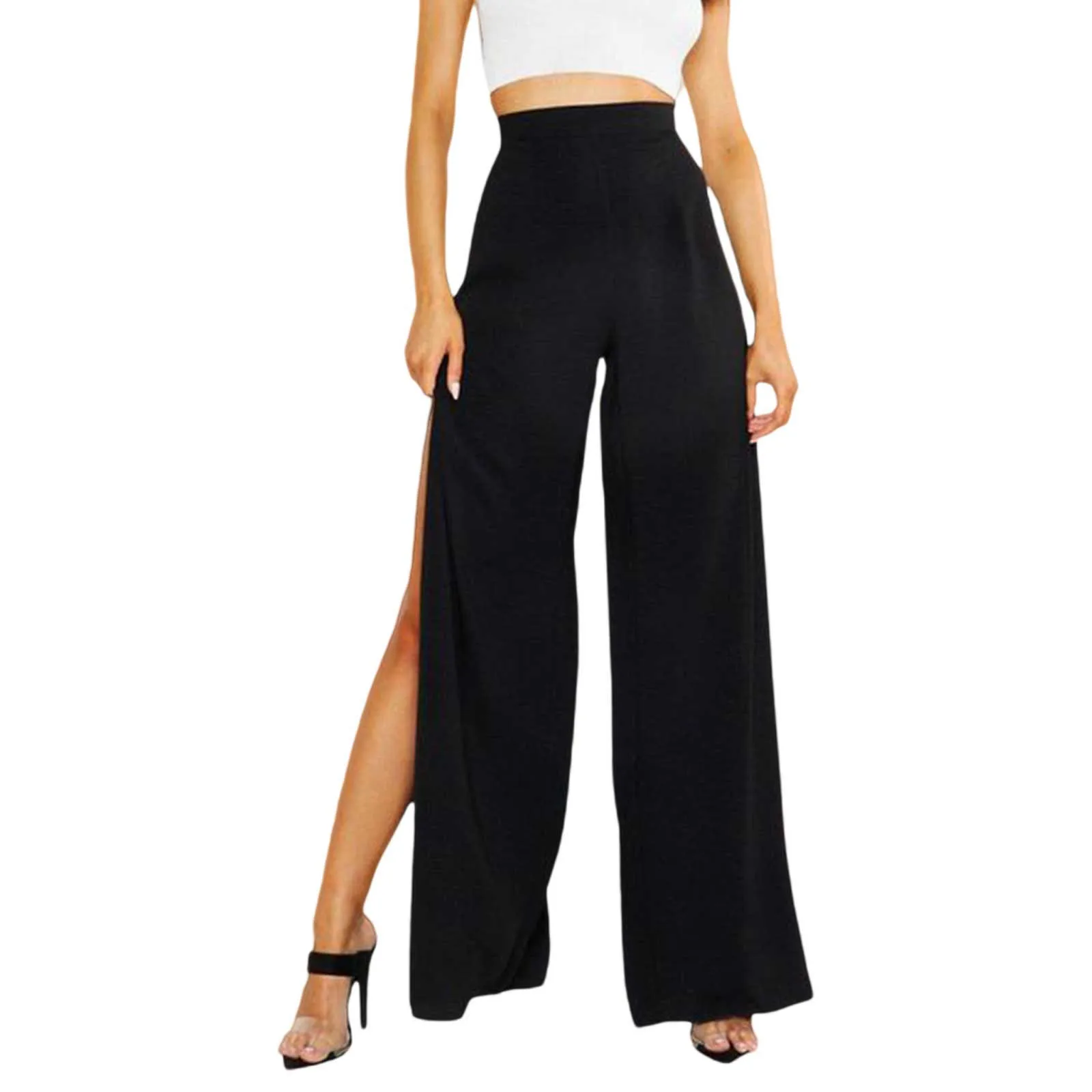 Elegant Fashion Women Yoga Pants High Split Solid Black Loose Streetwear Wide Leg Trousers Female Side Seam Clothes