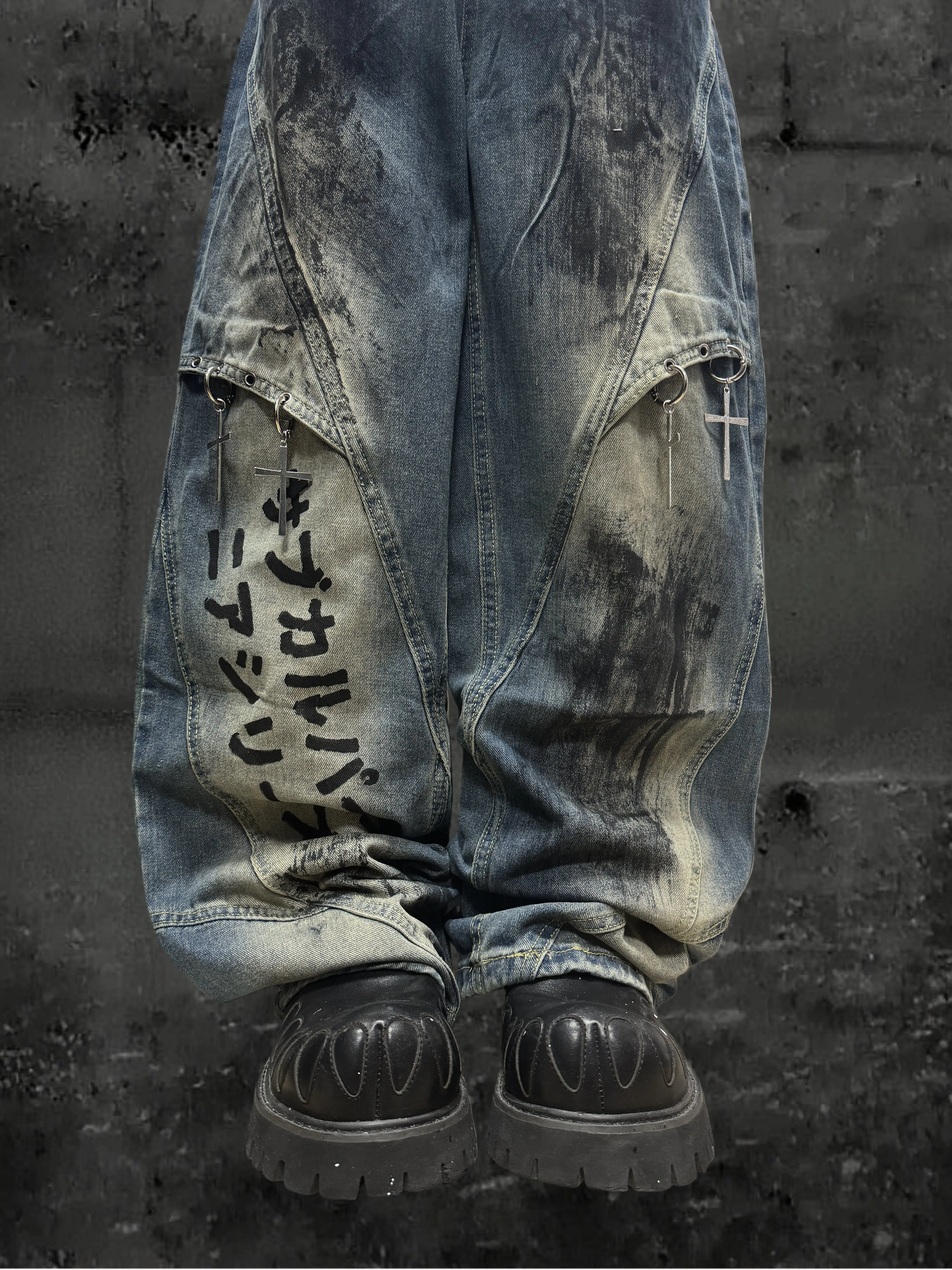 

Американская рабочая одежда в стиле ретро, джинсы, мужские и женские широкие брюки с всплескными чернилами, ручная роспись, потертые потертые широкие брюки