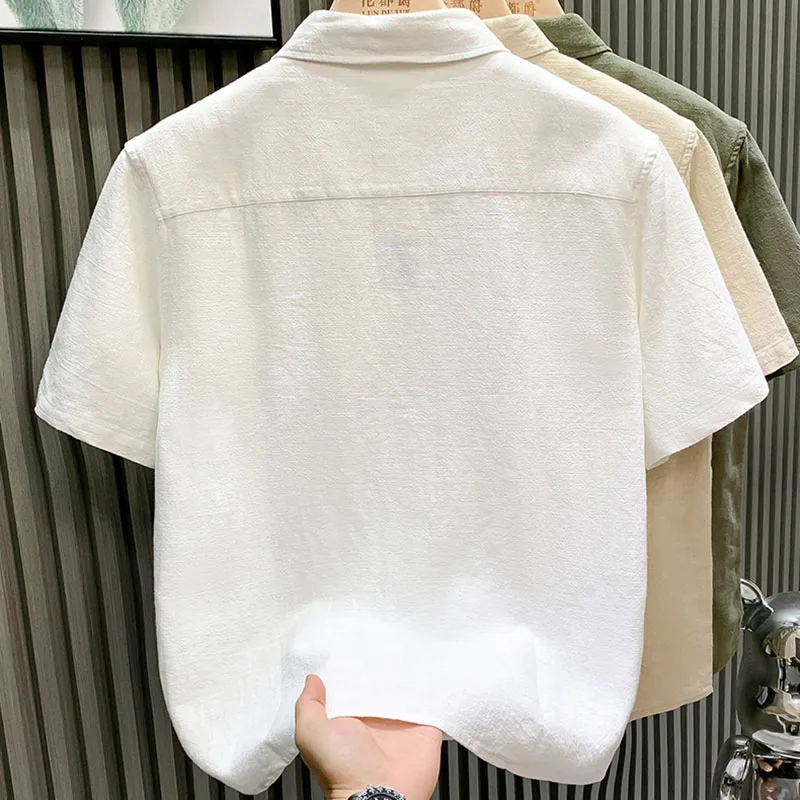 Summer Men's Short Sleeved Shirt Japanese Casual Fashion Loose Solid Color Simple Pocket Design Lapel Single Breasted T-shirt