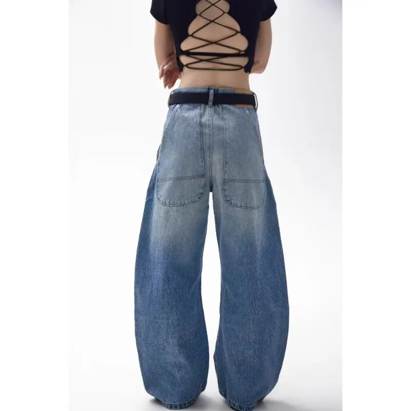 Blue Womens Jeans High Waist Vintage Design Hip Hop Straight Baggy Denim Pants Street Y2K American Style Wide Leg Denim Trouser