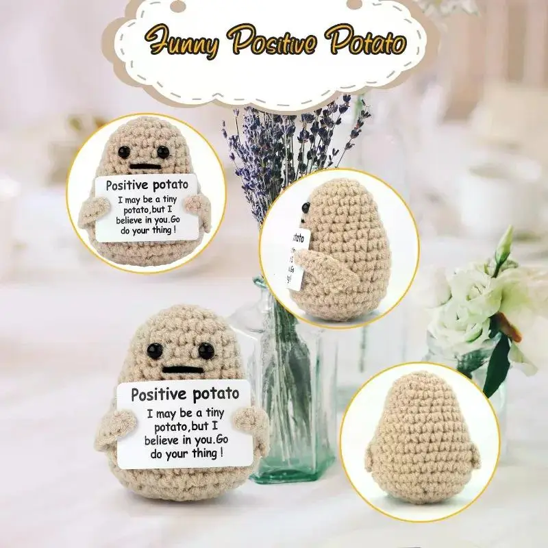 New Positive Energy Potato Hug Pocket Mini Handmade Plush Wool Knitting Doll with Card Funny Christams Gift Home Room Decoration 5