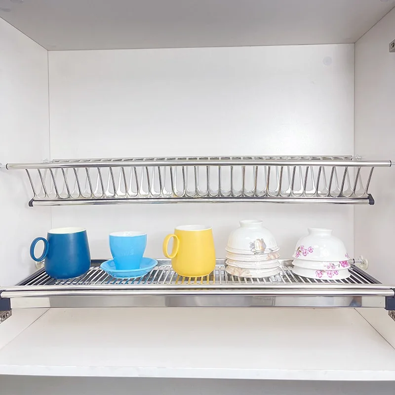 Kitchen Cabinet Stainless Steel Pull Out Basket Built-in Double Layer Dish Rack Wall Cabinet Drain Storage Shelf