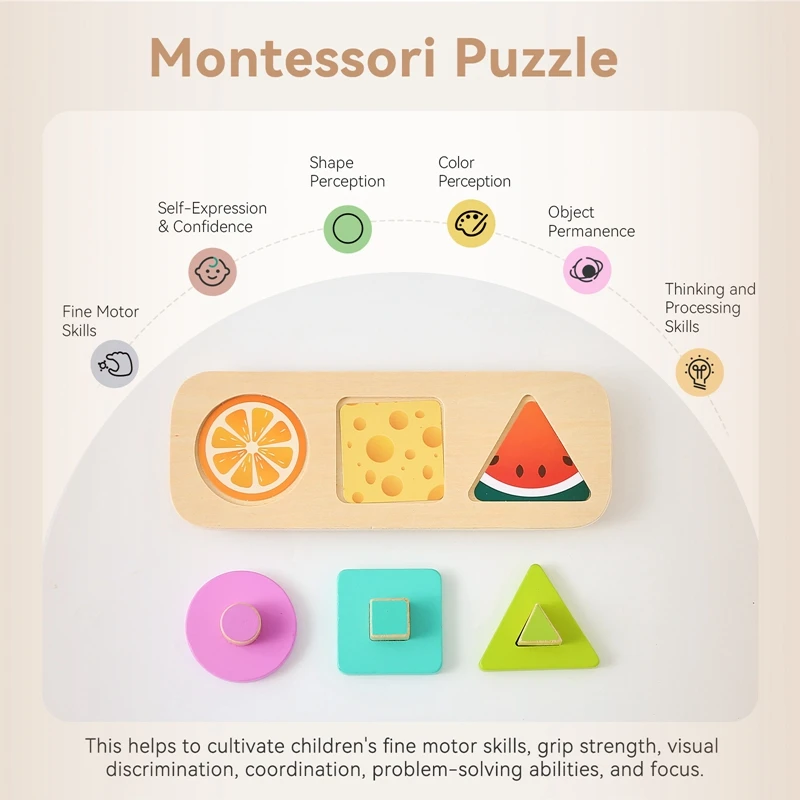 Jouets Montessori pour Bébés, Jeu de Puzzle en Bois, Dessin Animé, Planche à Saisir les Fruits, Document de Forme, Éducation Précoce