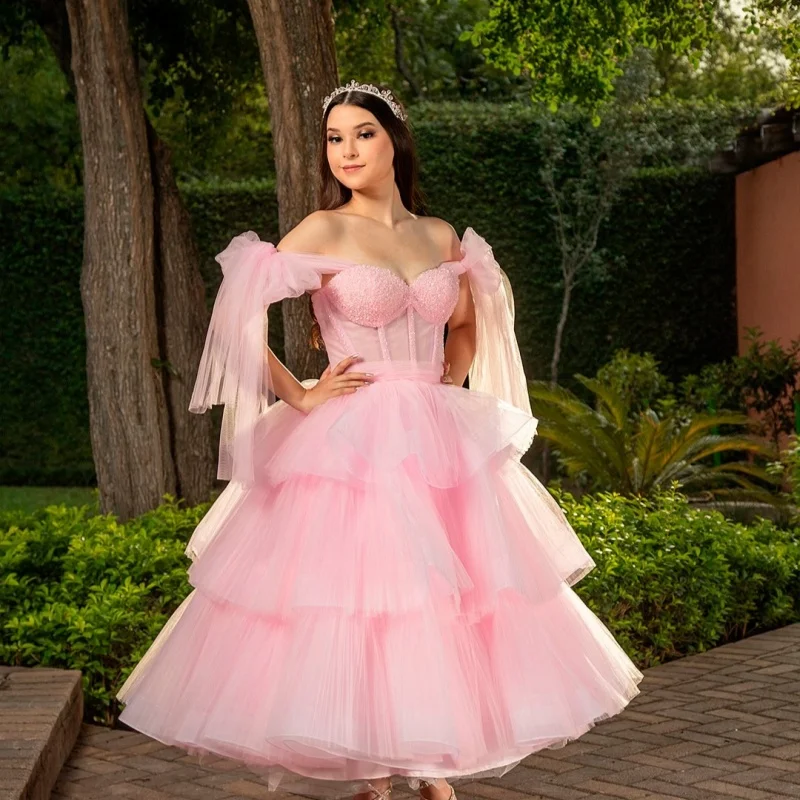 

ustomized pink Quinceanera Dresses Off the Shoulder decal Tull layering Long tail Vestido De 15 Quinceanera