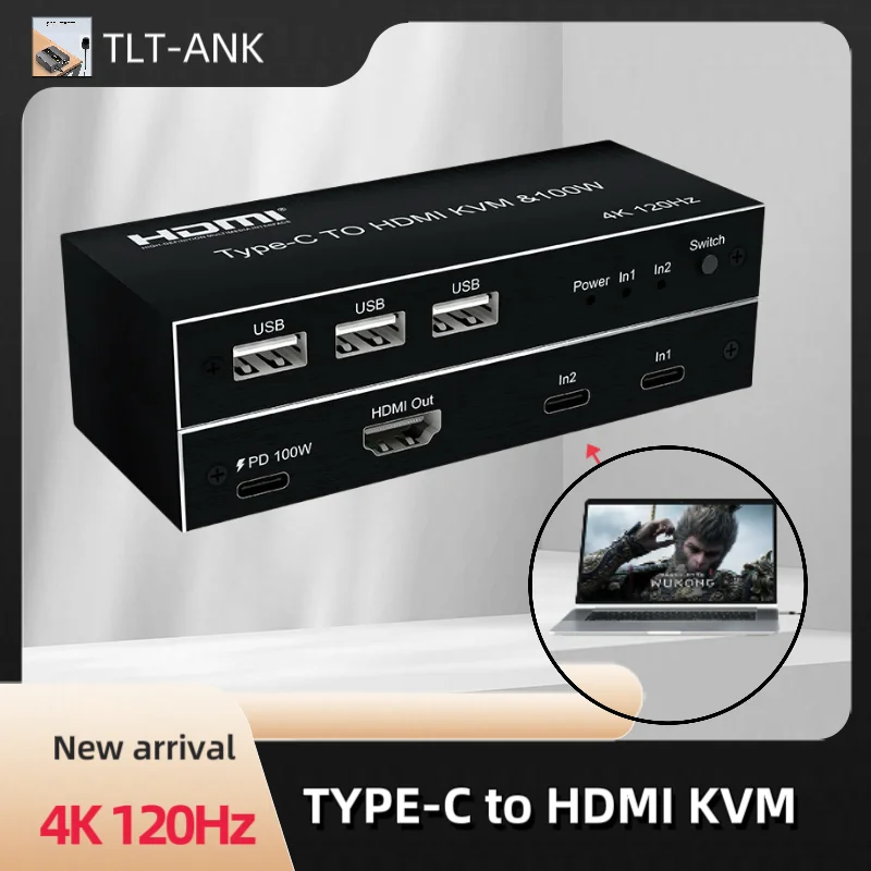 Type-C USB C to HDMI KVM Switch 4K 120Hz for 2 Computers Share 1 HDMI Monitor Support PD 100w Charging and Mouse Keyboard