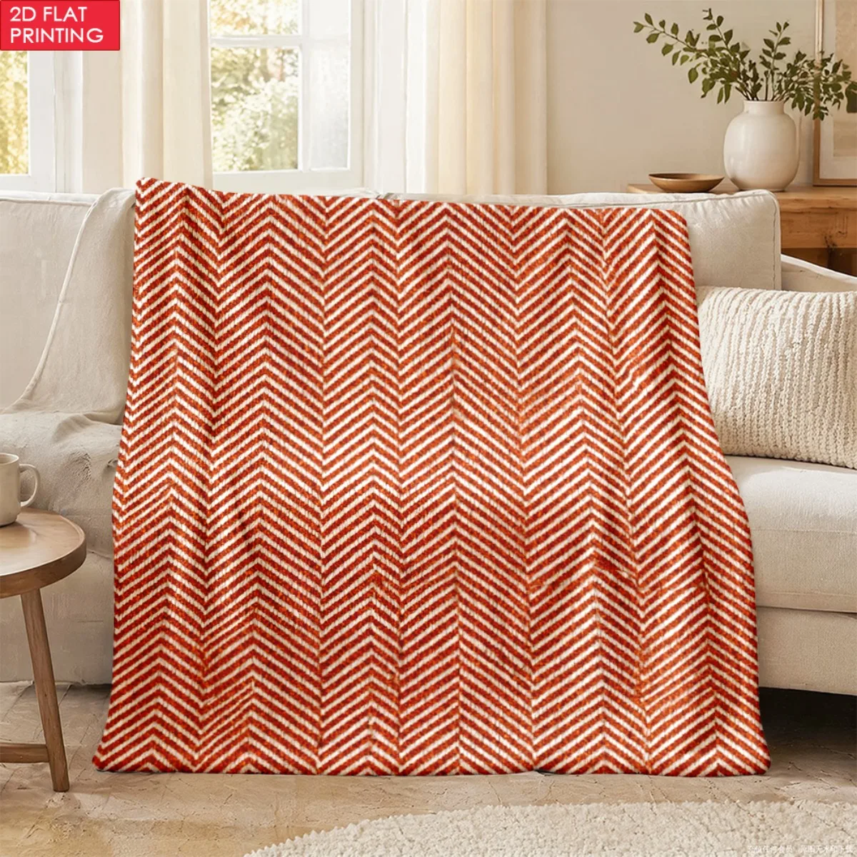 1pc Burnt Orange White Herringbone Fabric Lightweight Flannel Hug Blanket - Comfortable and Plush Ideal for Office and Sofa Grea