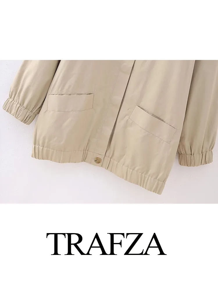 TRAFZA-Veste à Manches sulfet Col Rabattu pour Femme, Couleur Unie, Poche, Simple Boutonnage, Style de Rue, Printemps