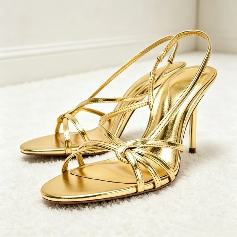 Sexy Open-toe Narrow-Band High Heels Women Fashion Metalized Pattern Sandals for Ladies Elegant Back Strap Brand Designer Shoes