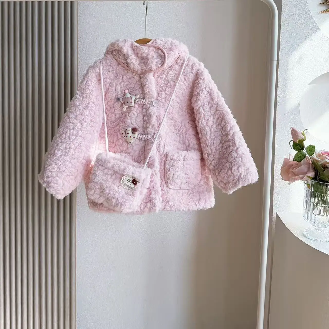 

3-7 Years Kids Pink Hooded Teddy Bear Jacket Winter Warm Fleece Lined Coat Kids Clothing 100-140cm