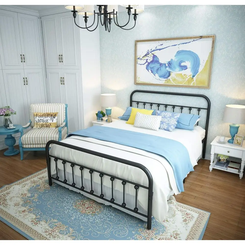 إطار سرير معدني كوين على الطراز الفيكتوري العتيق مع لوح أمامي ولوح للقدمين وتخزين تحت السرير، لا حاجة إلى صندوق زنبركي، أسود #4