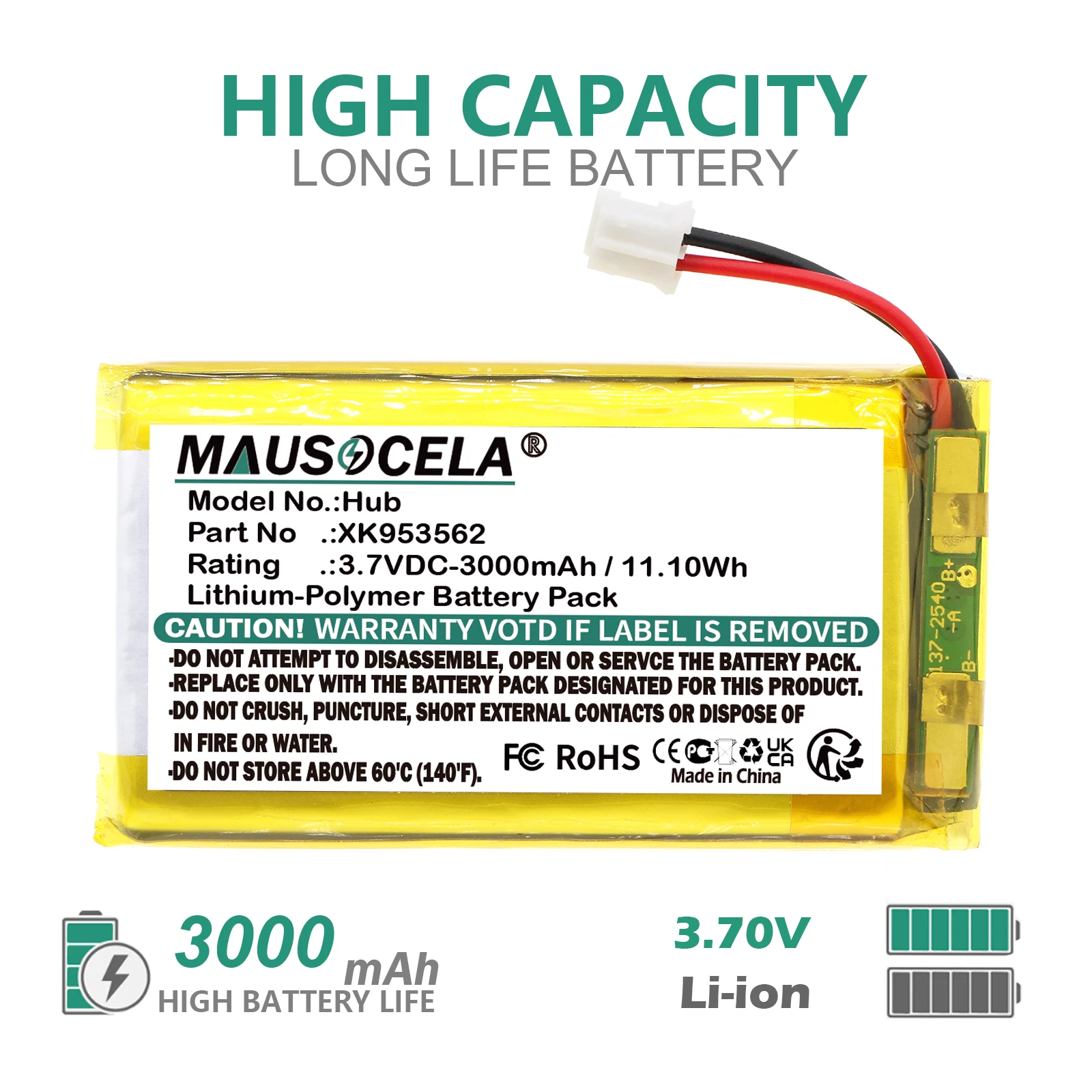 Alarm System Battery 3000mAh/11.1Wh For Ajax:XK953562,Hub,AJ-HUBPLUS-W/B,Hub 2,AJ-HUB-W/B,Hub 2 Plus,AJ-HUB2PLUS-W/B,AJ-HUB2-W/B