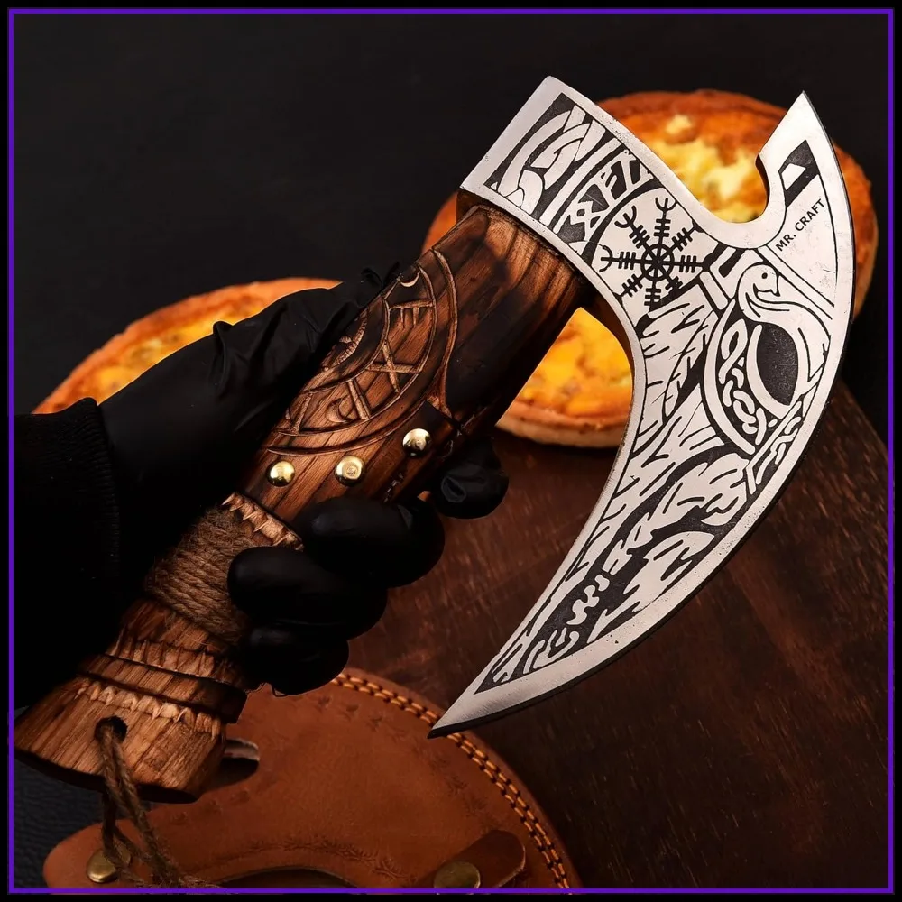 

Carbon Steel Pizza Cutter Axe with Leather Cover - Engraved Ash Wood Handle, Premium Oven Accessories