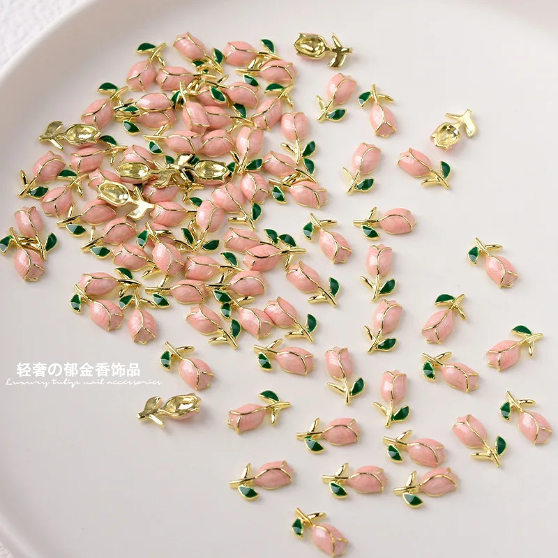 10Pcs Luxury Flower Nail Designer Charms Alloy Enamel Tulips Floral Nail Jewelry Strass DIY Manicure Floret Nail Art Decor JE-01