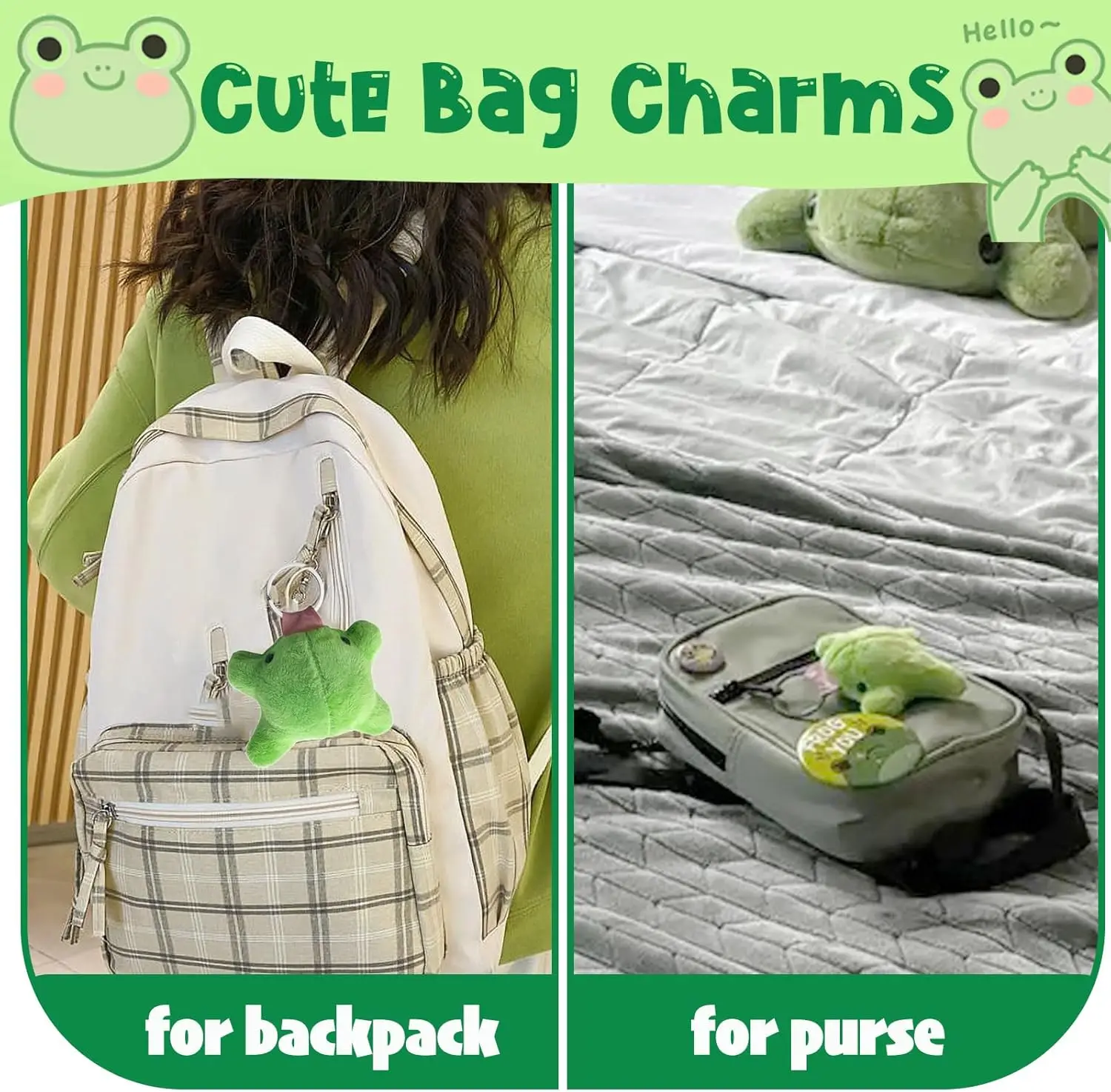 かわいいカエルのキーホルダー、かわいいぬいぐるみチャーム、面白い緑色のカエルの飾り、車の鍵や財布のギフトに。