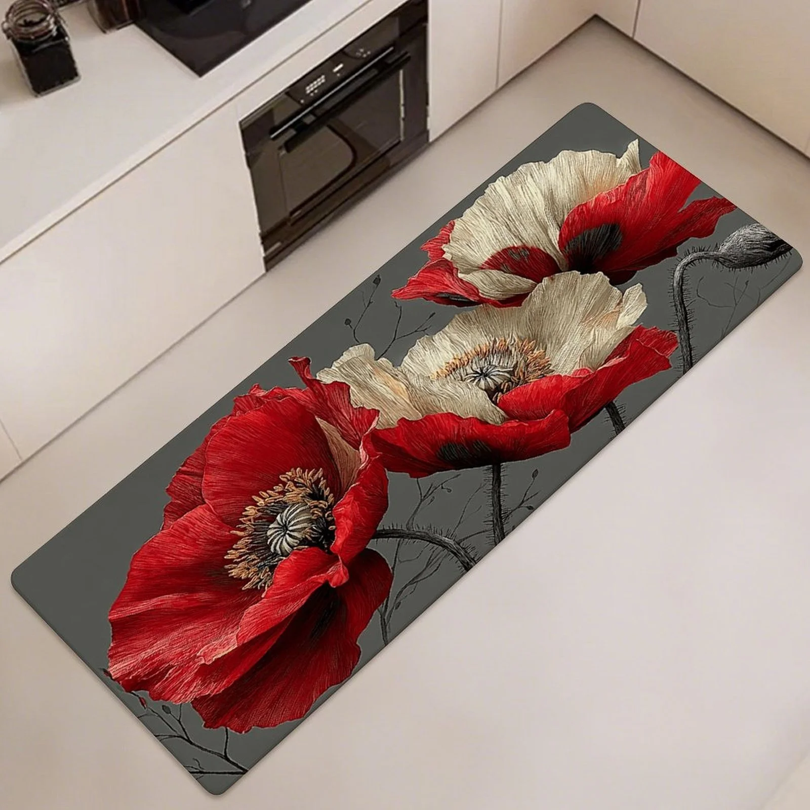 Elegant Red and Beige Poppy Art Kitchen Long Mat,Non-Slip Washable Durable Floor Mat for Hallway, Kitchen,Bedroom,Entryway Decor