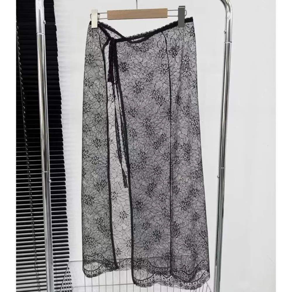 

New Embroidered Flower Lace Mini Skirt Y2K Streetwear Harajuku Ruched Skirts See Through Butt Curtain Jeans Decoration