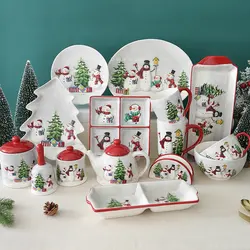 Christmas Snowman Dish and Plate Cutlery Set Kitchen Dressing Storage Jar Family Salad Bowl Teapot Set Ceramic Steak Flat Plate