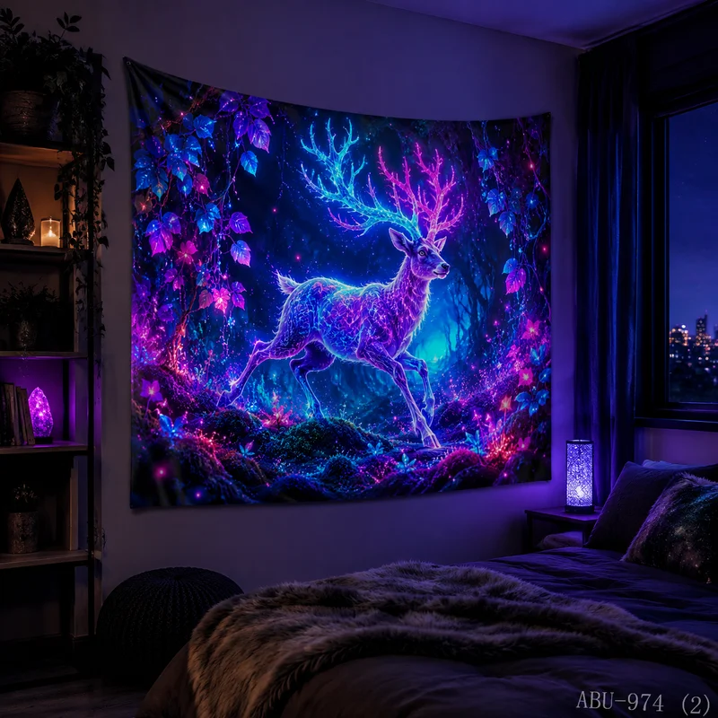 VIKAMA Neon Blue Green Aurora Reindeer Standing Forest Golden Antler Starry Glow Art Christmas Tapestry Wall Hanging Bedroom