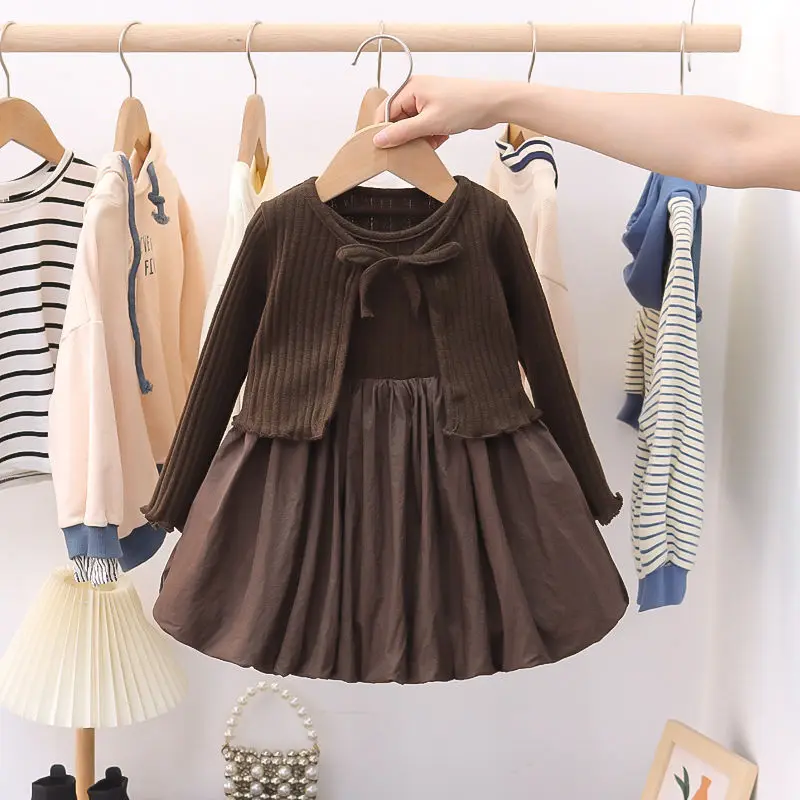 Girls Casual Dresses Long Sleeve Knit Cardigan & Flower Skirt Dress for Girls Cute Pompadour Style Kids' Outfit