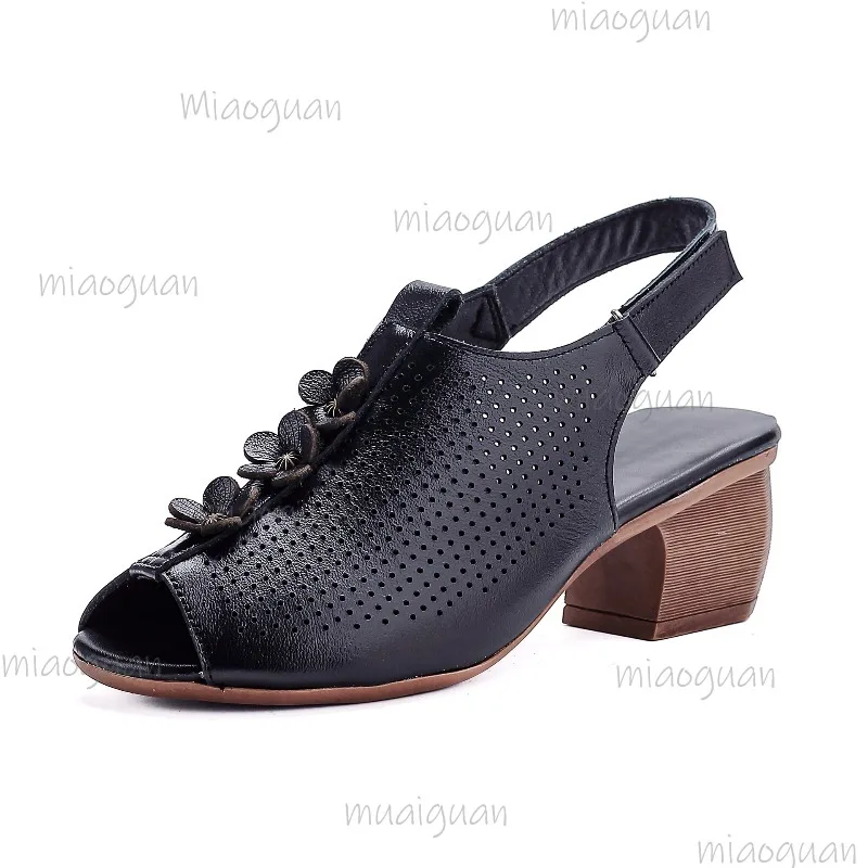 Genuine Leather Women's Hollow Out Peep Toe Slingback Sandals Floral Breathable Buckle Strap Casual Summer Footwear for Ladies